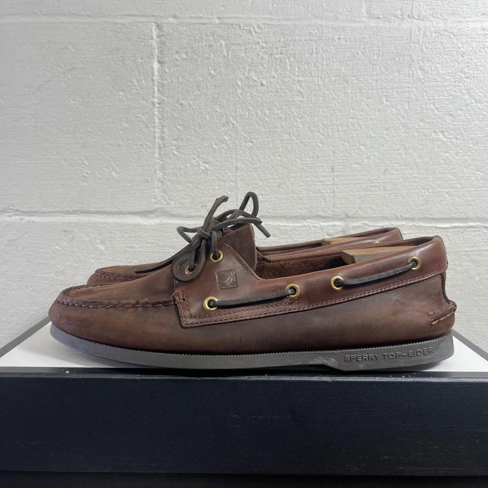 Sperry Top Sider 0195412 Brown Leather Boat Shoe 2 Eye‎ Slip On Men's Size 10 M